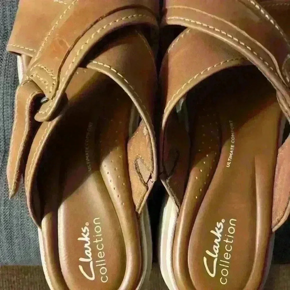 Ladies Clark Collection sandal light brown with white piping - Picture 10 of 10